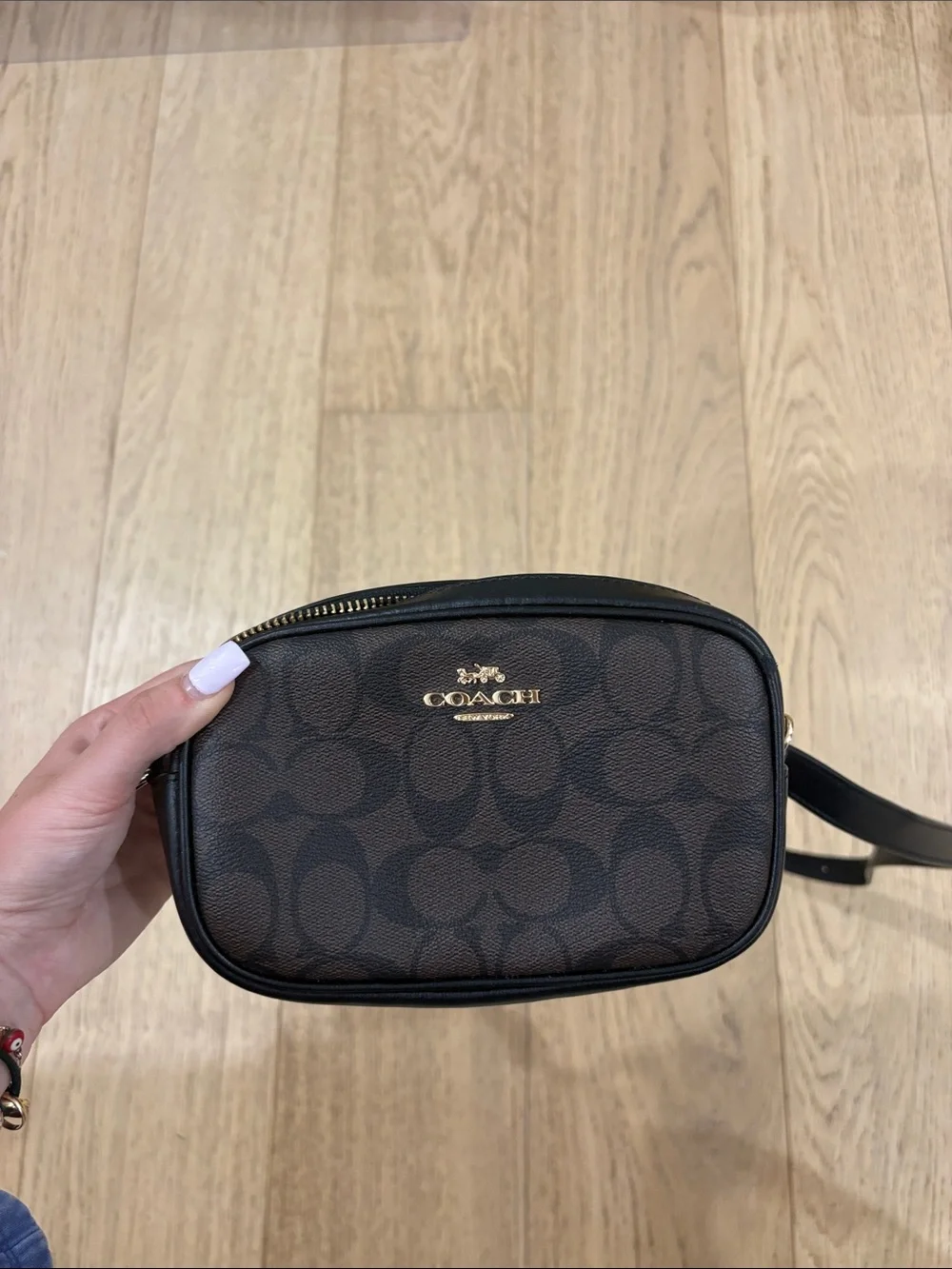 Coach Brown and Black Signature Canvas Belt Bag with Gold Hardware